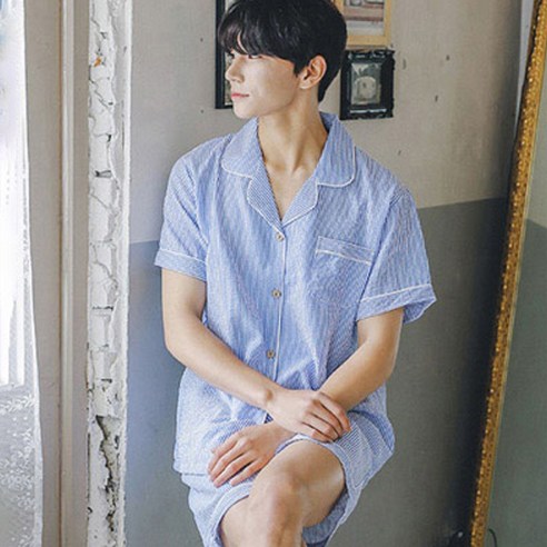버블돌 커플용 홈웨어 지지미 줄무늬 반팔 투피스 잠옷 상하의 세트