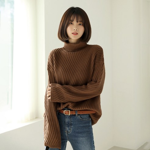 빼빼 여성용 사선골지 터틀넥 긴목 폴라 니트