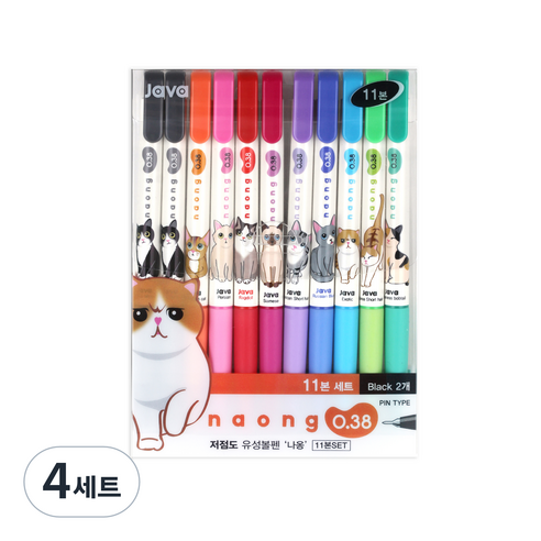 자바펜 나옹 미니 볼펜 11본 세트 0.38mm, 혼합색상, 4세트