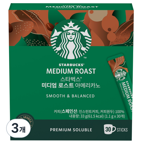 스타벅스 미디엄 로스트 아메리카노 원두커피믹스, 1.1g, 30개입, 3개
