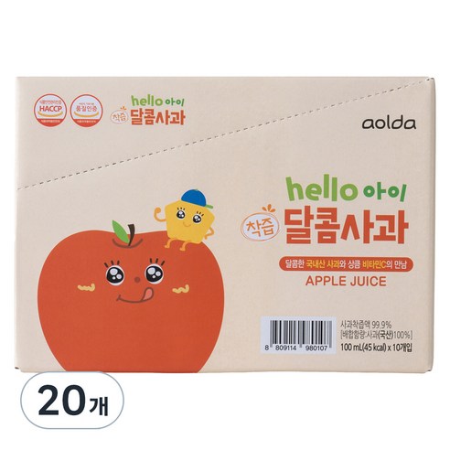 아올다 헬로아이 착즙 달콤사과, 사과맛, 100ml, 20개