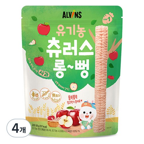 엘빈즈 유아용 츄러스 롱뻥 STEP1, 사과맛, 30g, 4개