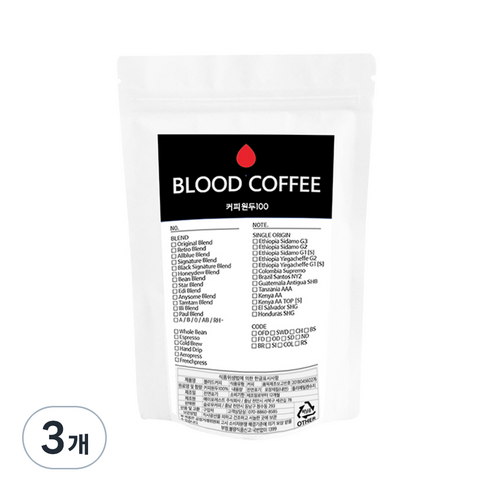 블러드커피 콜롬비아 수프리모 원두커피, 홀빈(분쇄안함), 200g, 3개