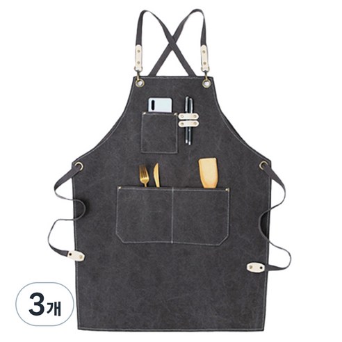 디오셀 프리미엄 심플 캔버스 포켓 앞치마, 그레이, 3개