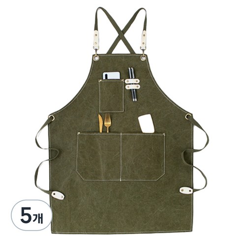 디오셀 프리미엄 심플 캔버스 포켓 앞치마, 그린, 5개