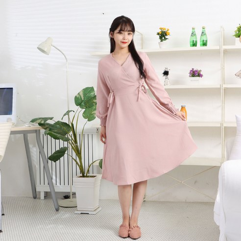 페이퍼먼츠 브이 랩 리본 체크 가을 미디 롱 원피스 6436
