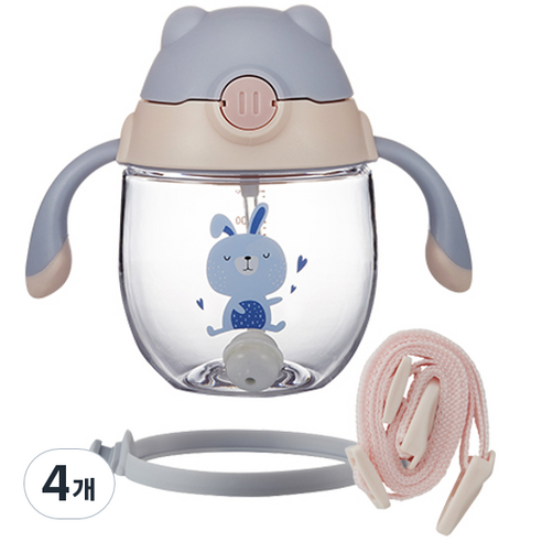 락앤락 스트랩 유아용 쁘띠 프렌즈 빨대컵 300ml, 블루(ABF790BLU), 4개