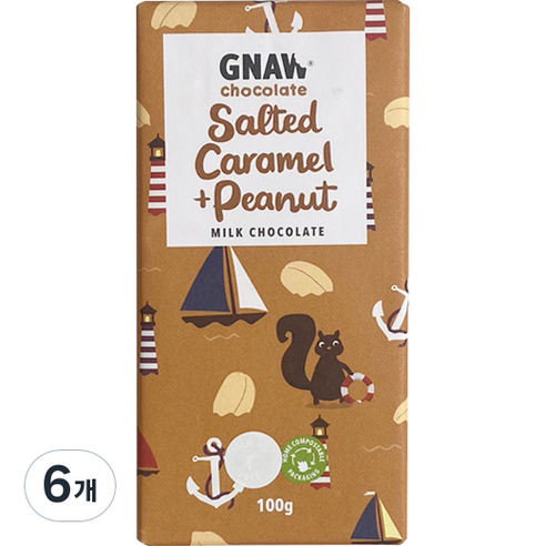 GNAW 솔티드 카라멜 & 땅콩바 밀크 초콜릿, 6개, 100g