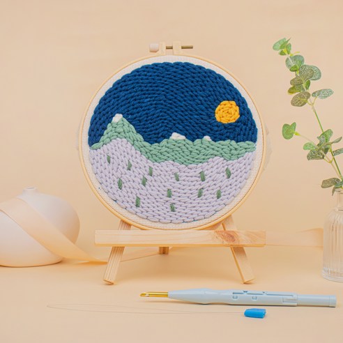 아트조이 DIY 펀치 니들 자수 + 4단 바늘 + 나무 받침대 세트, 1세트, 밤풍경