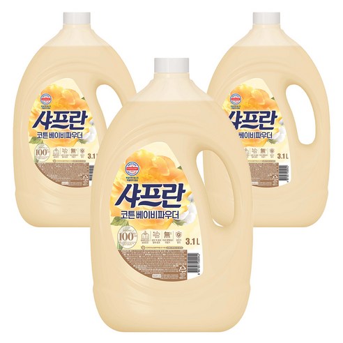 샤프란 플러스 섬유유연제 코튼 베이비파우더 본품, 3.1L, 3개