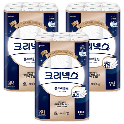 크리넥스 울트라클린 천연펄프 4겹 고급롤화장지, 25m, 30개입, 3개