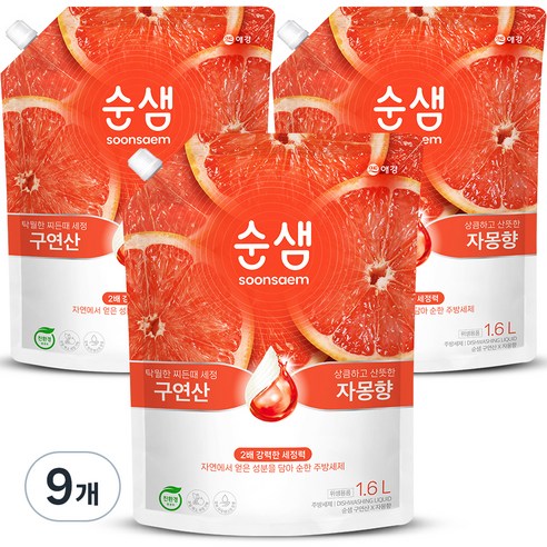 순샘 구연산 자몽 주방세제 리필, 1.6L, 9개