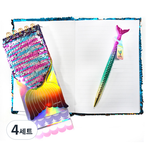 스위트데이 인어 꼬리 유선 스팽글 노트 + 3단 수첩 + 샤프, 혼합색상, 4세트
