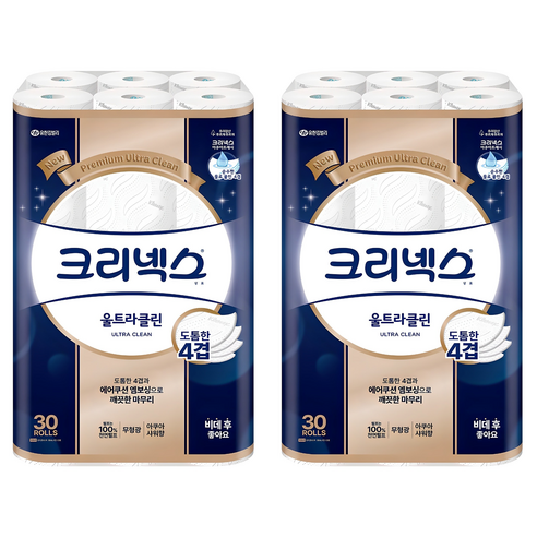 크리넥스 울트라클린 천연펄프 4겹 고급롤화장지, 25m, 30개입, 2개