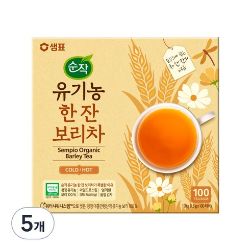 순작 유기농 한 잔 보리차, 1.5g, 100개입, 5개