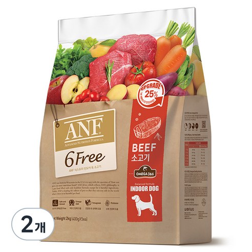 ANF 생후 4개월 이상 식스프리 인도어 독 건식사료, 소, 2kg, 2개