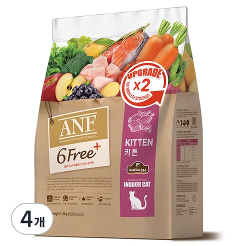 ANF 생후 12개월 이전 식스프리플러스 인도어 캣 키튼 건식사료, 1.6kg, 4개
