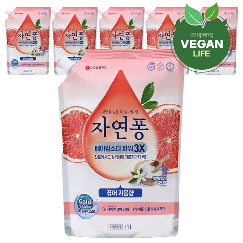 자연퐁 베이킹소다 파워 3X 주방세제 퓨어 자몽향 리필, 1L, 6개