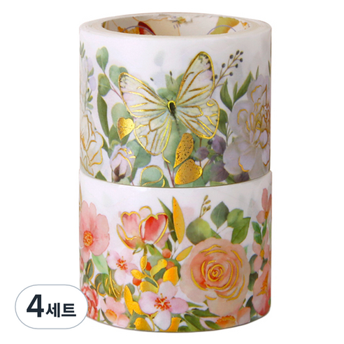 인디케이 보태닉 플라워 마스킹 테이프 3cm x 3m 2종 세트, 화이트, 핑크, 4세트