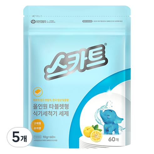 스카트 올인원 식기세척기 세제 뽀드득 유자향 60p, 600g, 5개
