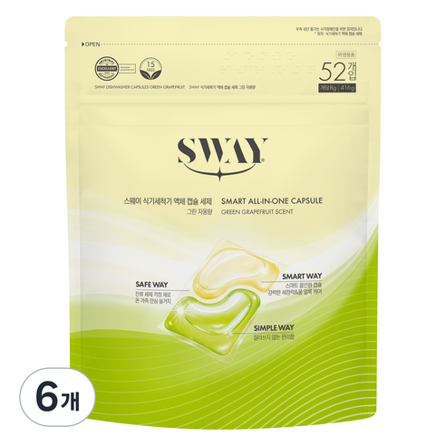 스웨이 액체캡슐 식기세척기 세제 그린자몽향 52p, 6개, 416g