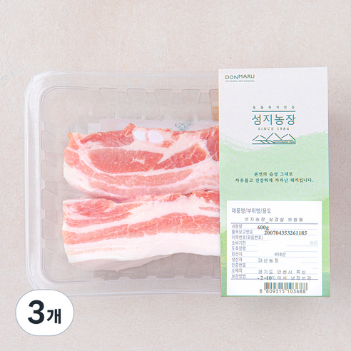 성지농장 동물복지 인증 삼겹살 보쌈용 (냉장), 600g, 3개