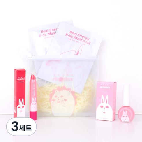 레시피박스 어린이 여행용 심플 메이크업 세트, 휴대용 파우치 + 어린이 마스크팩 2p + 립크레용 + 매니큐어 체리블라썸, 3세트