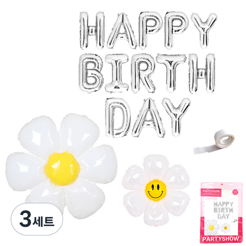 파티쇼 메세지 은박풍선 생일 + 데이지 플라워 소 + 중 + 다용도 글루닷 세트, 실버(생일 풍선), 3세트
