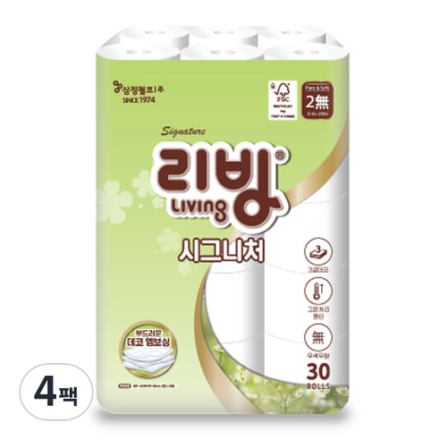 리빙티슈 시그니처 3겹 고급롤화장지 30m, 30개입, 4개