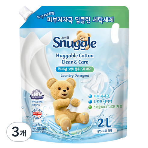 스너글 일반 드럼 겸용 클린앤케어 허거블 코튼향 액상세제 리필, 3개, 2L