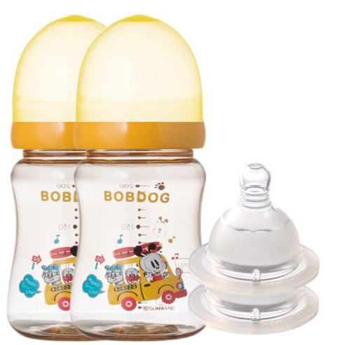 리틀밥독 PPSU 유꼭지젖병 200ml 젖꼭지 2개입, 2단계(0~3개월), 옐로우