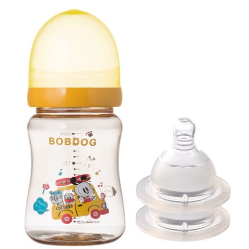 리틀밥독 PPSU 유꼭지젖병 200ml 젖꼭지 2개입, 3단계(3~6개월), 옐로우