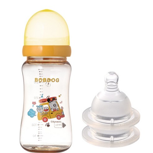리틀밥독 PPSU 유꼭지젖병 300ml 젖꼭지 2개입, 1단계(신생아), 옐로우