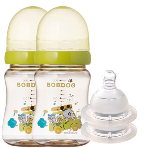 리틀밥독 국내 제조 프리미엄 PPSU 젖병 + 젖꼭지 트윈팩, 그린, 200ml, 2개