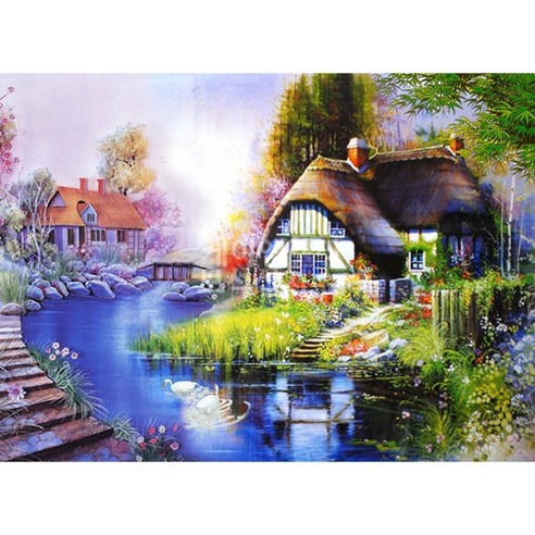 케이엠엘리보석십자수 3D 호숫가 아름다운 집 55x40cm, 혼합 색상, 1세트
