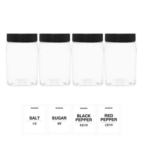 홈앤라이프 투명사각 PET 양념통 350ml 세트, 1세트, 양념통 4p + 검정캡 4p + 스티커 4p(소금 + 설탕 + 후추 + 고춧가루)