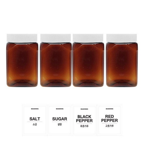 홈앤라이프 갈색사각 PET 양념통 350ml 세트, 1세트, 양념통 4p + 흰색캡 4p + 스티커 4p(소금 + 설탕 + 후추 + 고춧가루)