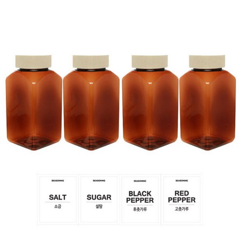 홈앤라이프 갈색사각 PET 양념통 200ml 세트, 1세트, 양념통 4p + 미색캡 4p + 스티커 4p(소금 + 설탕 + 후추 + 고춧가루)