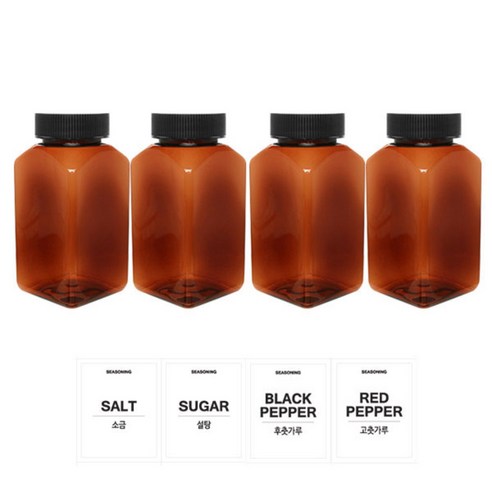 홈앤라이프 갈색사각 PET 양념통 200ml 세트, 1세트, 양념통 4p + 검정캡 4p + 스티커 4p(소금 + 설탕 + 후추 + 고춧가루)