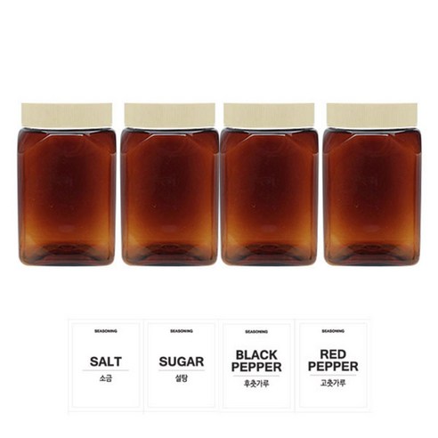 홈앤라이프 갈색사각 PET 양념통 350ml 세트, 1세트, 양념통 4p + 미색캡 4p + 스티커 4p(소금 + 설탕 + 후추 + 고춧가루)