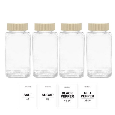홈앤라이프 투명사각 PET 양념통 200ml 세트, 1세트, 양념통 4p + 미색캡 4p + 스티커 4p(소금 + 설탕 + 후추 + 고춧가루)