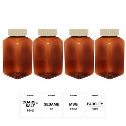 홈앤라이프 갈색사각 PET 양념통 200ml 세트, 1세트, 양념통 4p + 미색캡 4p + 스티커 4p(굵은소금 + 참깨 + 마법가루 + 파슬리)