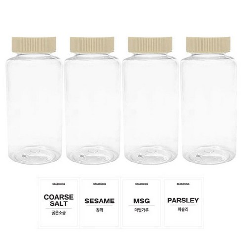 홈앤라이프 투명원형 PET 양념통 200ml 세트, 1세트, 양념통 4p + 미색캡 4p + 스티커 4p(굵은소금 + 참깨 + 마법가루 + 파슬리)