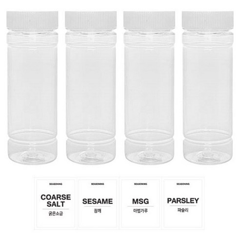 홈앤라이프 투명원형 PET 양념통 140ml 세트, 1세트, 양념통 4p + 흰색캡 4p + 스티커 4p(굵은소금 + 참깨 + 마법가루 + 파슬리)