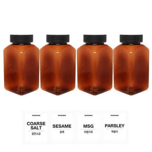 홈앤라이프 갈색사각 PET 양념통 200ml 세트, 1세트, 양념통 4p + 검정캡 4p + 스티커 4p(굵은소금 + 참깨 + 마법가루 + 파슬리)