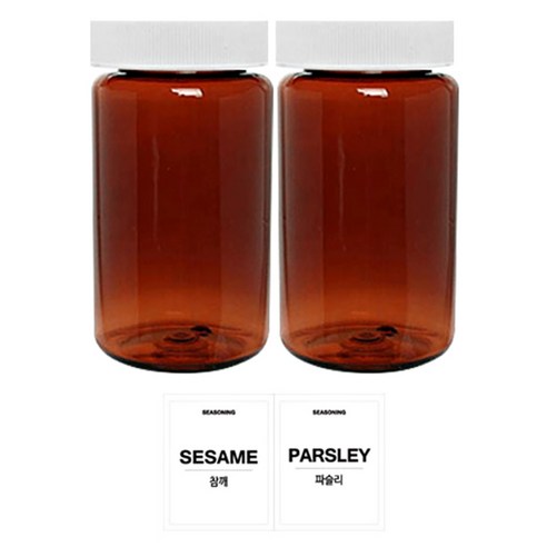 홈앤라이프 갈색 원형 PET 양념통 흰색캡 300ml 2p 세트, 1세트, 양념통 원형 2p + 투명스티커 (참깨 + 파슬리)