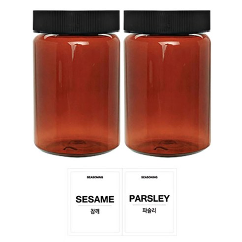 홈앤라이프 갈색 원형 PET 양념통 검정캡 250ml 2p 세트, 1세트, 양념통 원형 2p + 투명스티커 (참깨 + 파슬리)