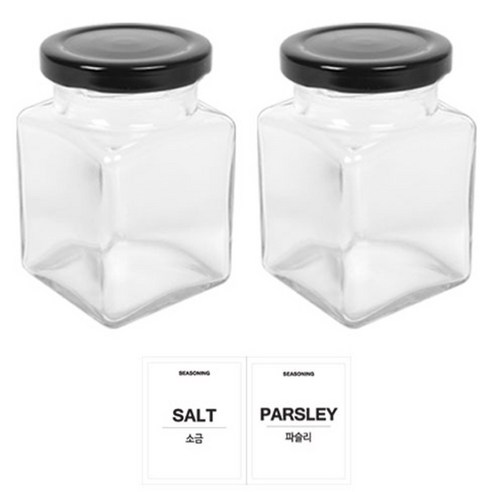 홈앤라이프 유리 양념통 사각 블랙캡 200g 2p 세트, 1세트, 양념통 사각 2p + 투명스티커(소금 + 파슬리)