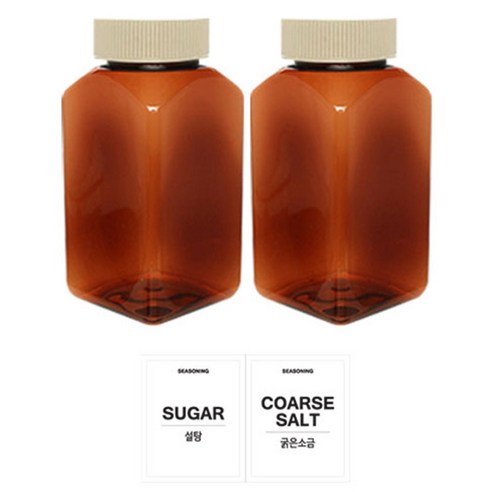 홈앤라이프 갈색사각 PET 양념통 미색캡 2p 세트, 1세트, 양념통 갈색사각 200ml 2p + 흰색스티커(설탕 + 굵은소금)