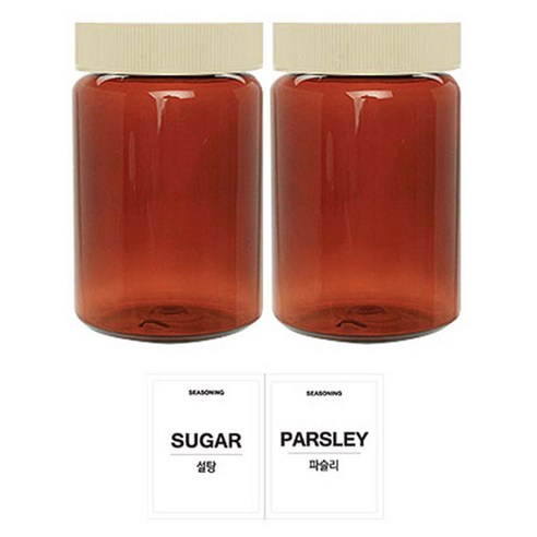 홈앤라이프 갈색원형 PET 양념통 미색캡 250ml 2p 세트, 1세트, PET 양념통 2p + 흰색스티커(설탕 + 파슬리)